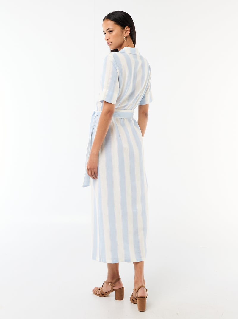 Robe chemise longue manches courtes en coton et lin Bleu - Kiabi