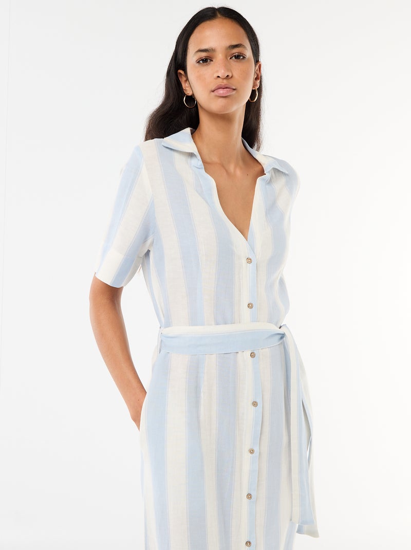 Robe chemise longue manches courtes en coton et lin Bleu - Kiabi