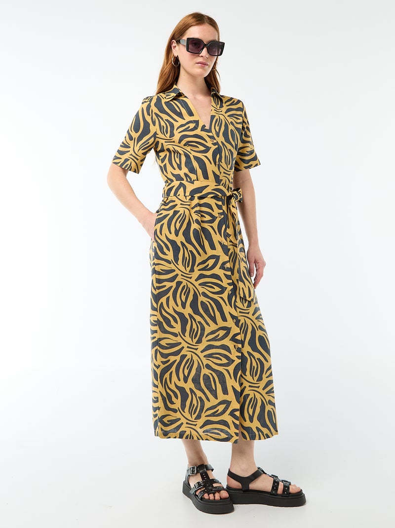 Robe chemise longue manches courtes en coton et lin Jaune - Kiabi