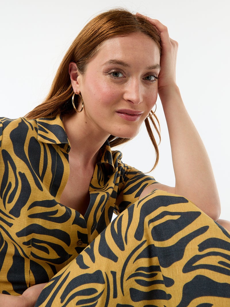 Robe chemise longue manches courtes en coton et lin Jaune - Kiabi