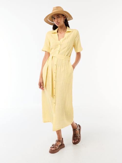 Robe chemise longue manches courtes en coton et lin - Kiabi