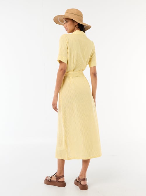 Robe chemise longue manches courtes en coton et lin - Kiabi