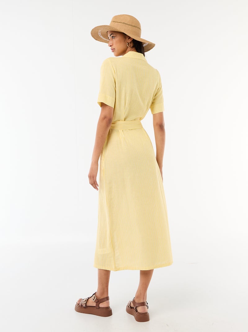 Robe chemise longue manches courtes en coton et lin Jaune - Kiabi