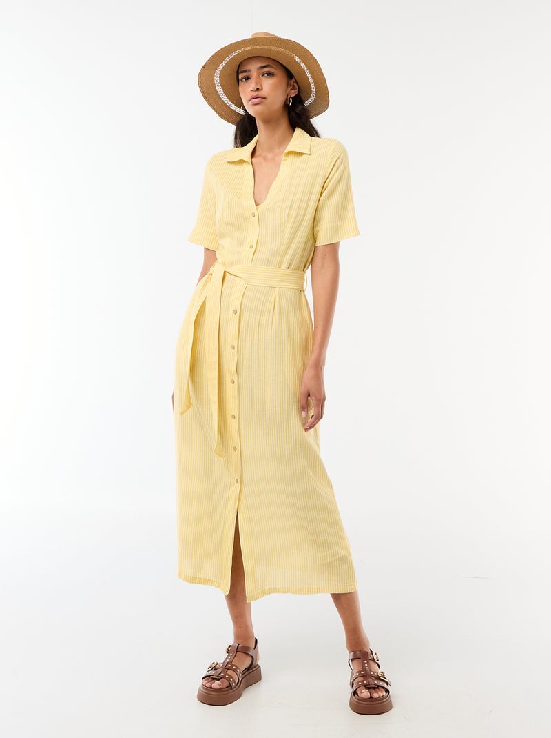 Robe chemise longue manches courtes en coton et lin Jaune - Kiabi