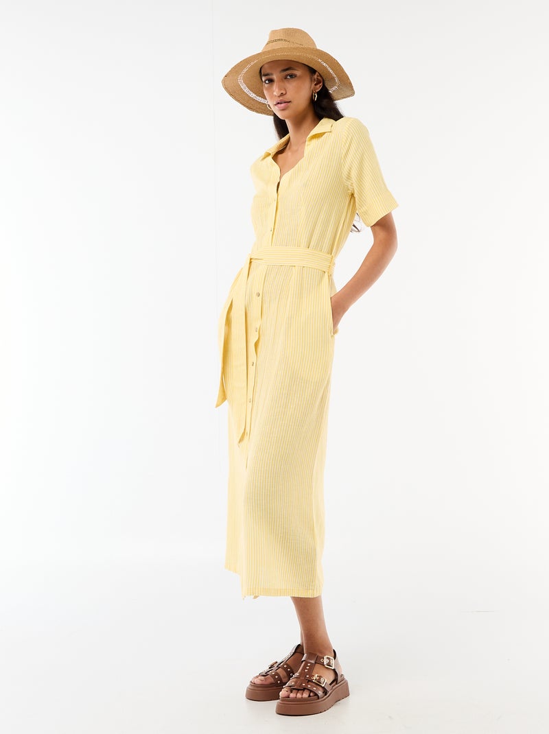 Robe chemise longue manches courtes en coton et lin Jaune - Kiabi