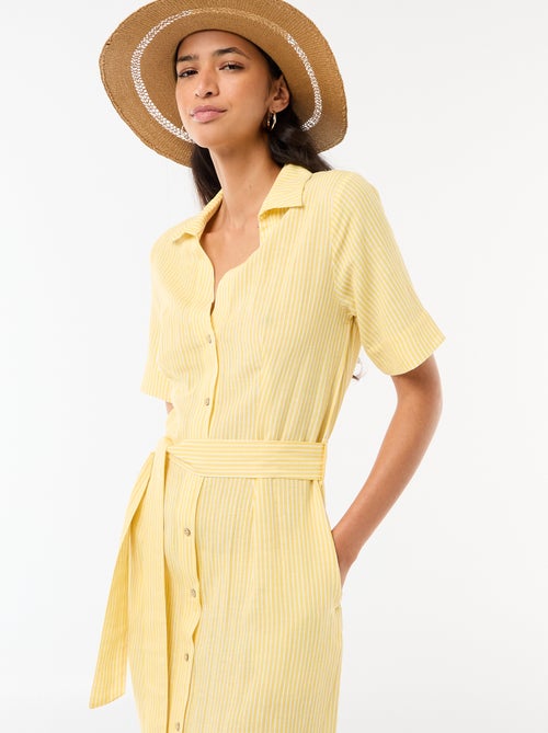 Robe chemise longue manches courtes en coton et lin - Kiabi