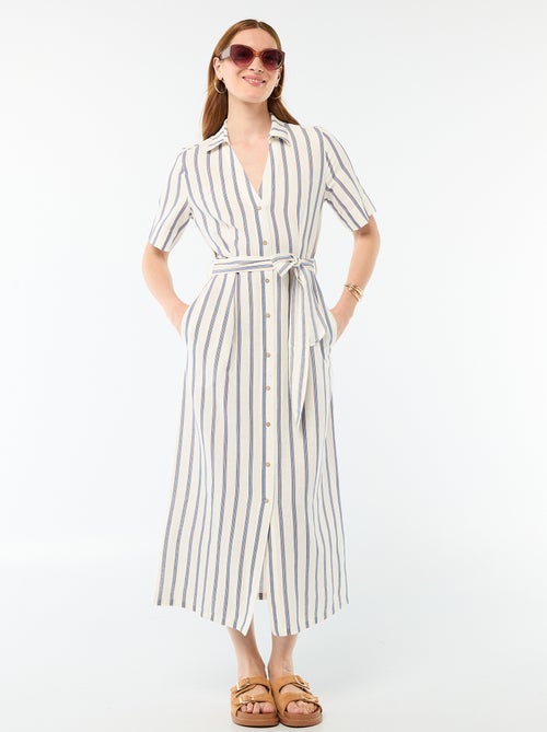 Robe chemise longue manches courtes en coton et lin - Kiabi