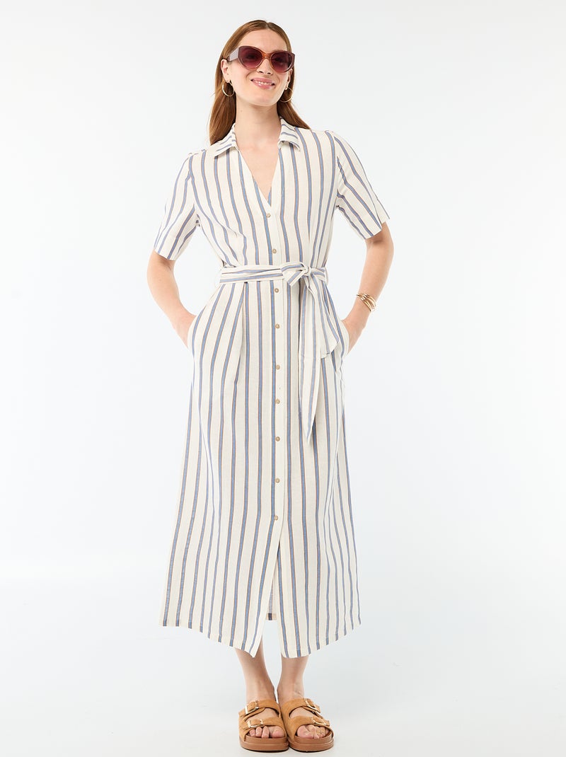 Robe chemise longue manches courtes en coton et lin Marron - Kiabi