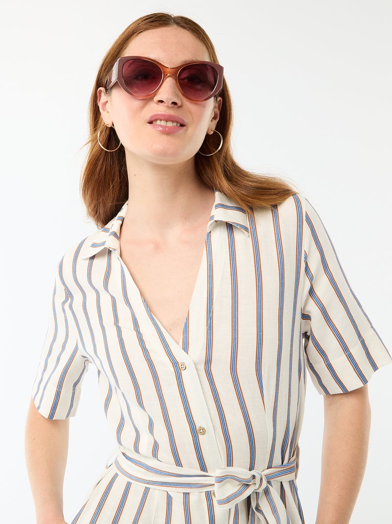 Robe chemise longue manches courtes en coton et lin Marron - Kiabi