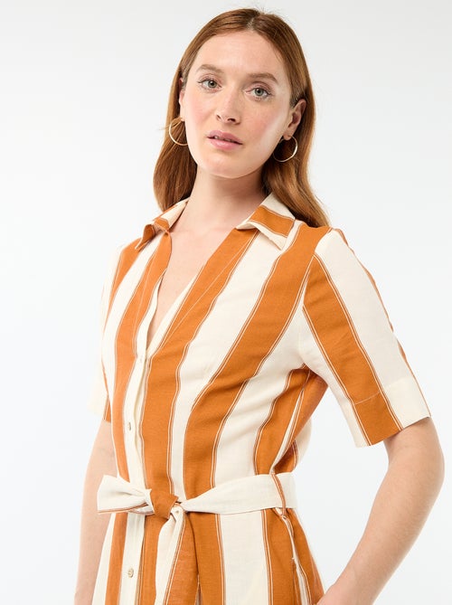 Robe chemise longue manches courtes en coton et lin - Kiabi
