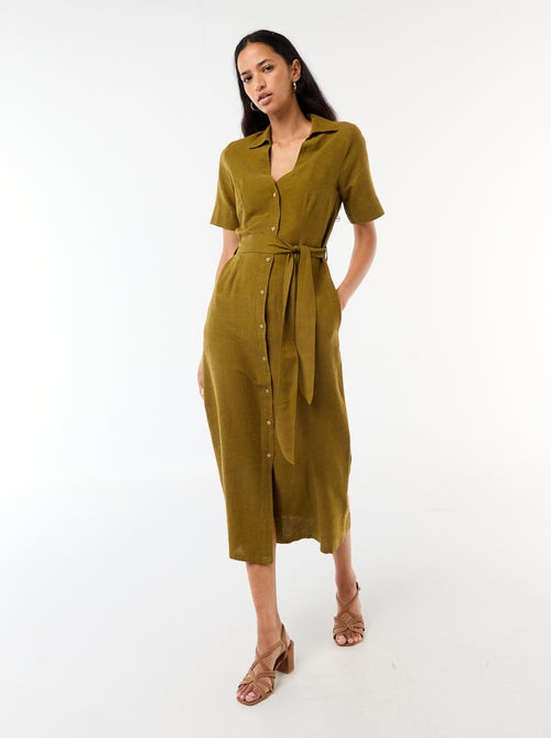 Robe chemise longue manches courtes en coton et lin - Kiabi