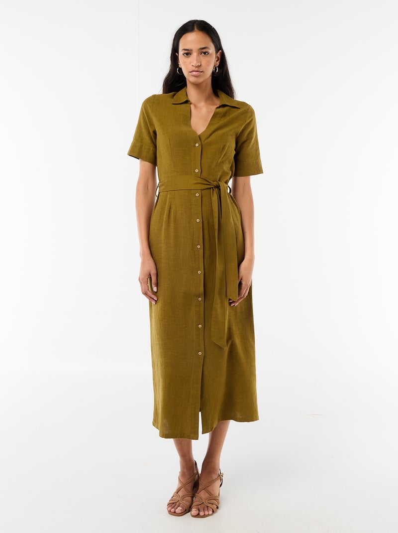 Robe chemise longue manches courtes en coton et lin Vert - Kiabi
