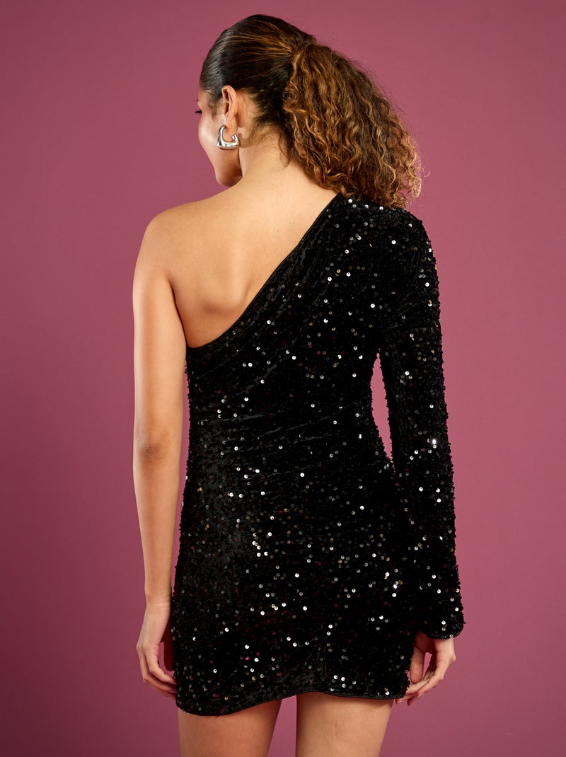 Robe courte asymétrique à sequins Noir - Kiabi