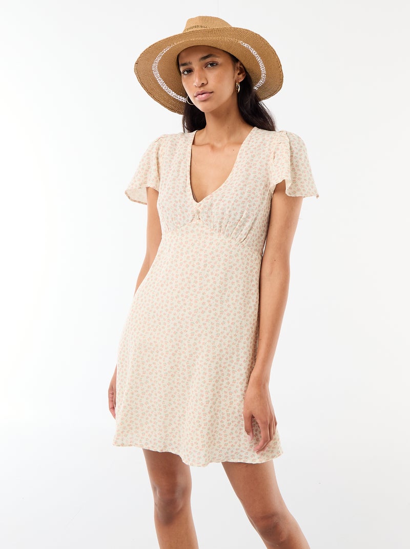 Robe courte manches papillons en coton et lin Blanc - Kiabi