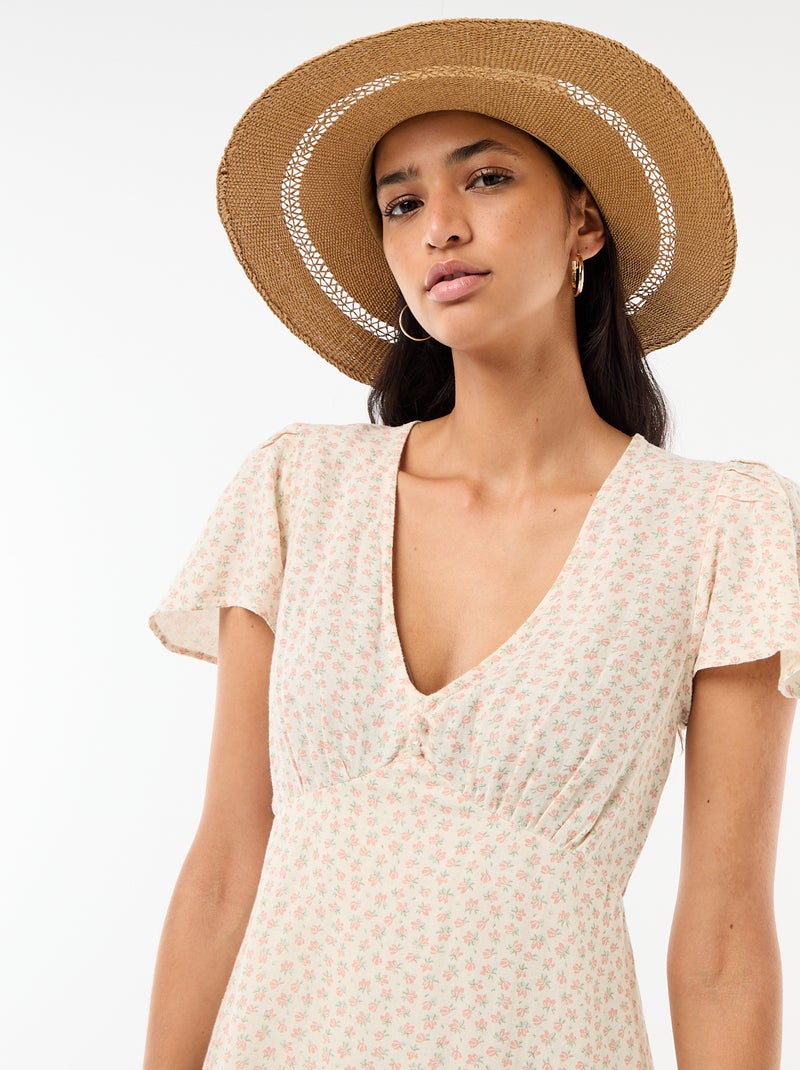 Robe courte manches papillons en coton et lin Blanc - Kiabi