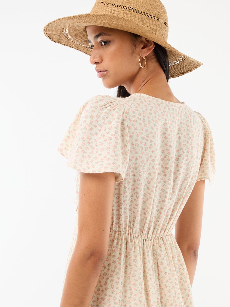 Robe courte manches papillons en coton et lin Blanc - Kiabi