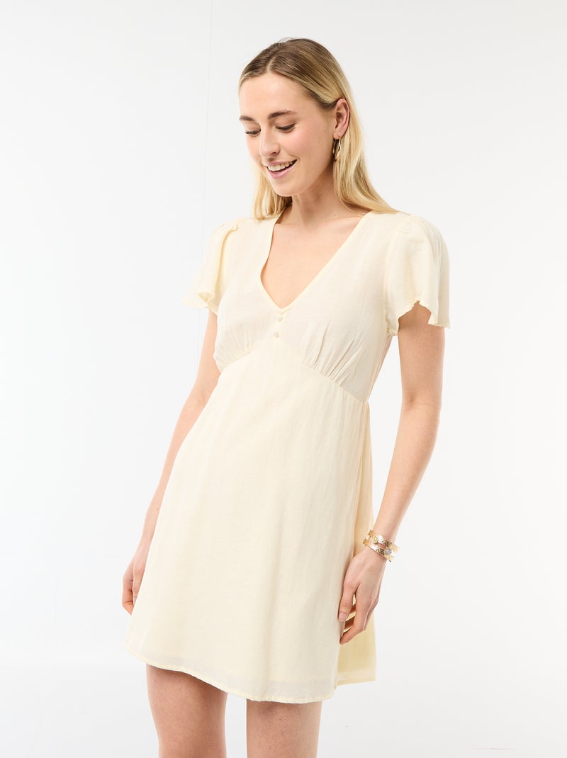 Robe courte manches papillons en coton et lin Jaune - Kiabi