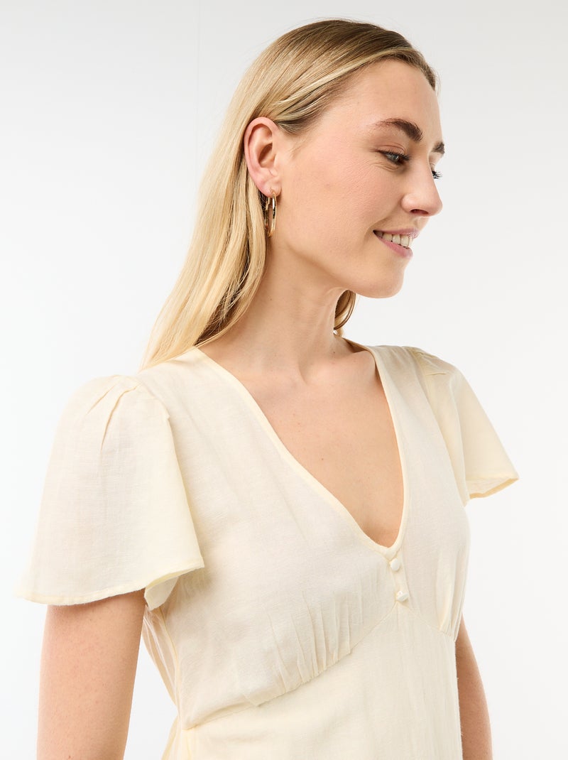 Robe courte manches papillons en coton et lin Jaune - Kiabi