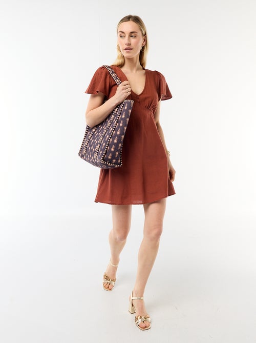 Robe courte manches papillons en coton et lin - Kiabi