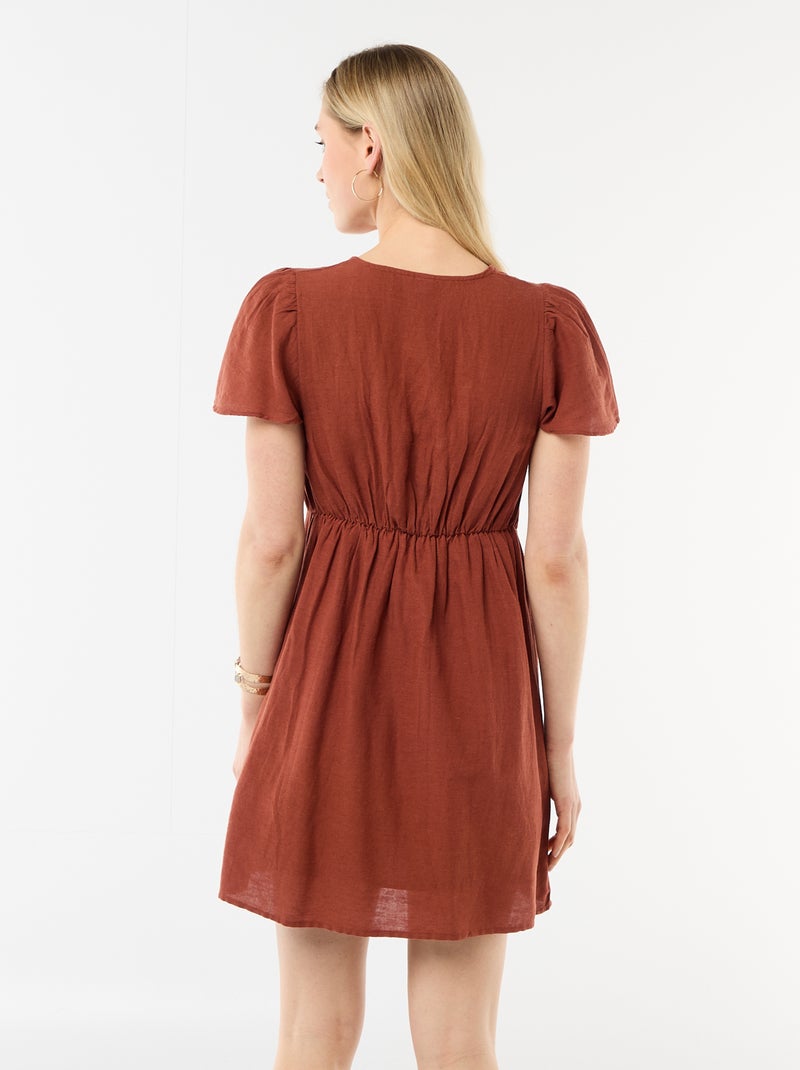 Robe courte manches papillons en coton et lin Marron - Kiabi