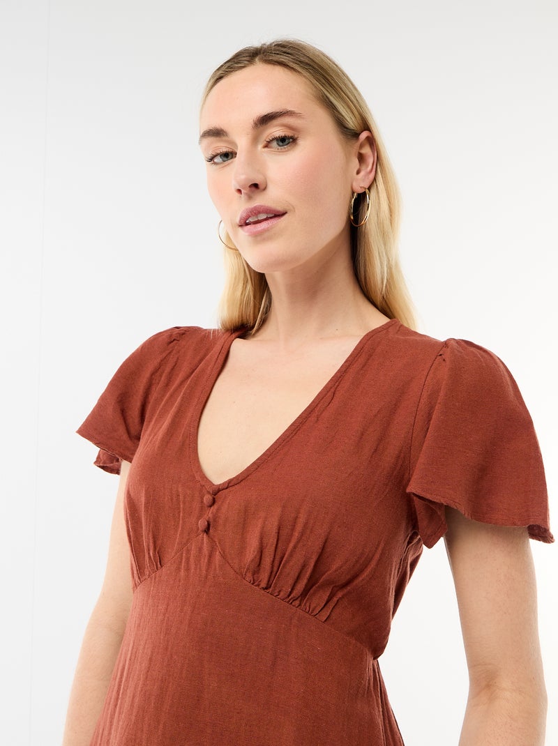 Robe courte manches papillons en coton et lin Marron - Kiabi