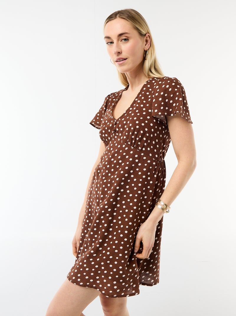 Robe courte manches papillons en coton et lin Marron - Kiabi
