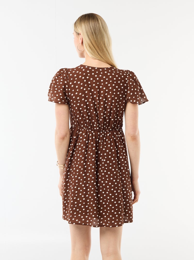 Robe courte manches papillons en coton et lin Marron - Kiabi