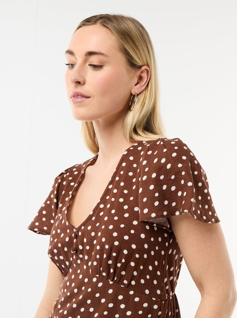 Robe courte manches papillons en coton et lin Marron - Kiabi