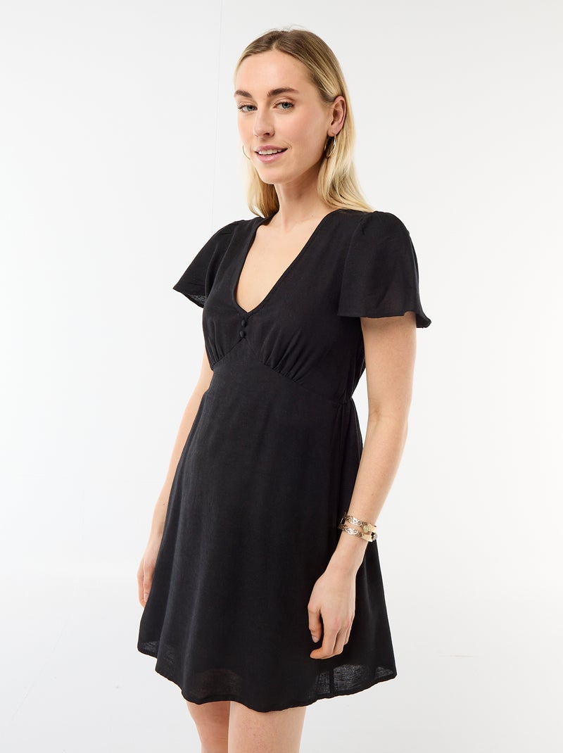 Robe courte manches papillons en coton et lin Noir - Kiabi