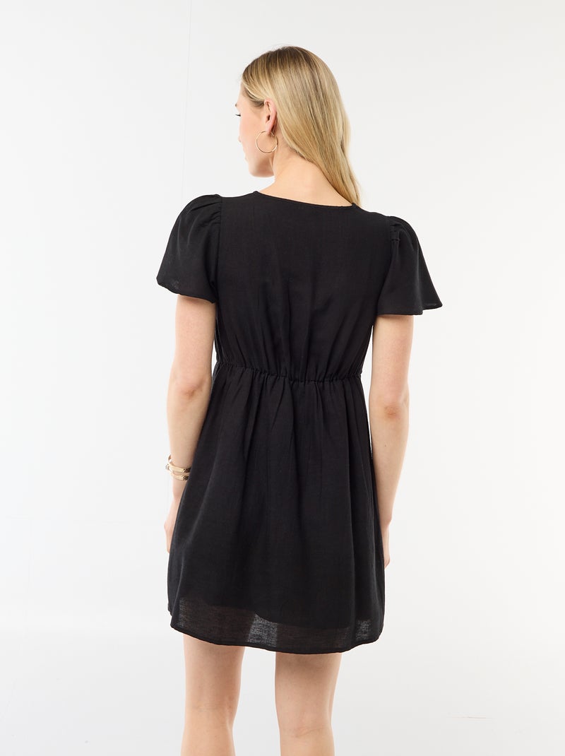 Robe courte manches papillons en coton et lin Noir - Kiabi
