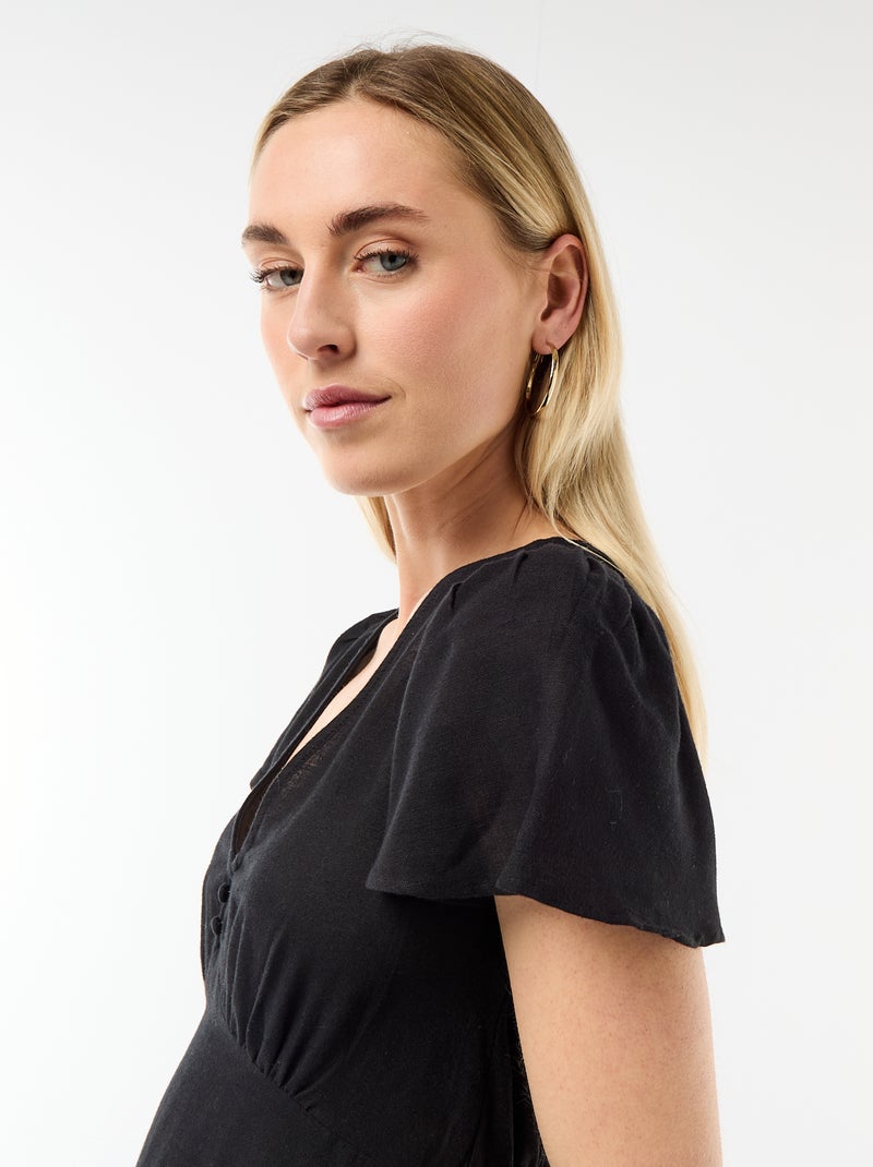 Robe courte manches papillons en coton et lin Noir - Kiabi