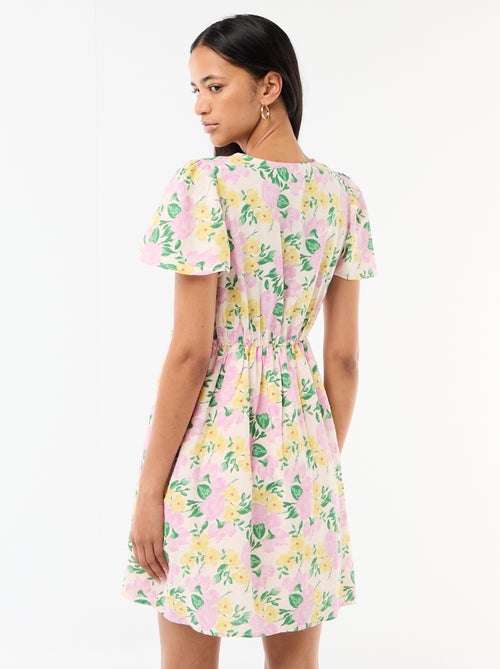 Robe courte manches papillons en coton et lin - Kiabi