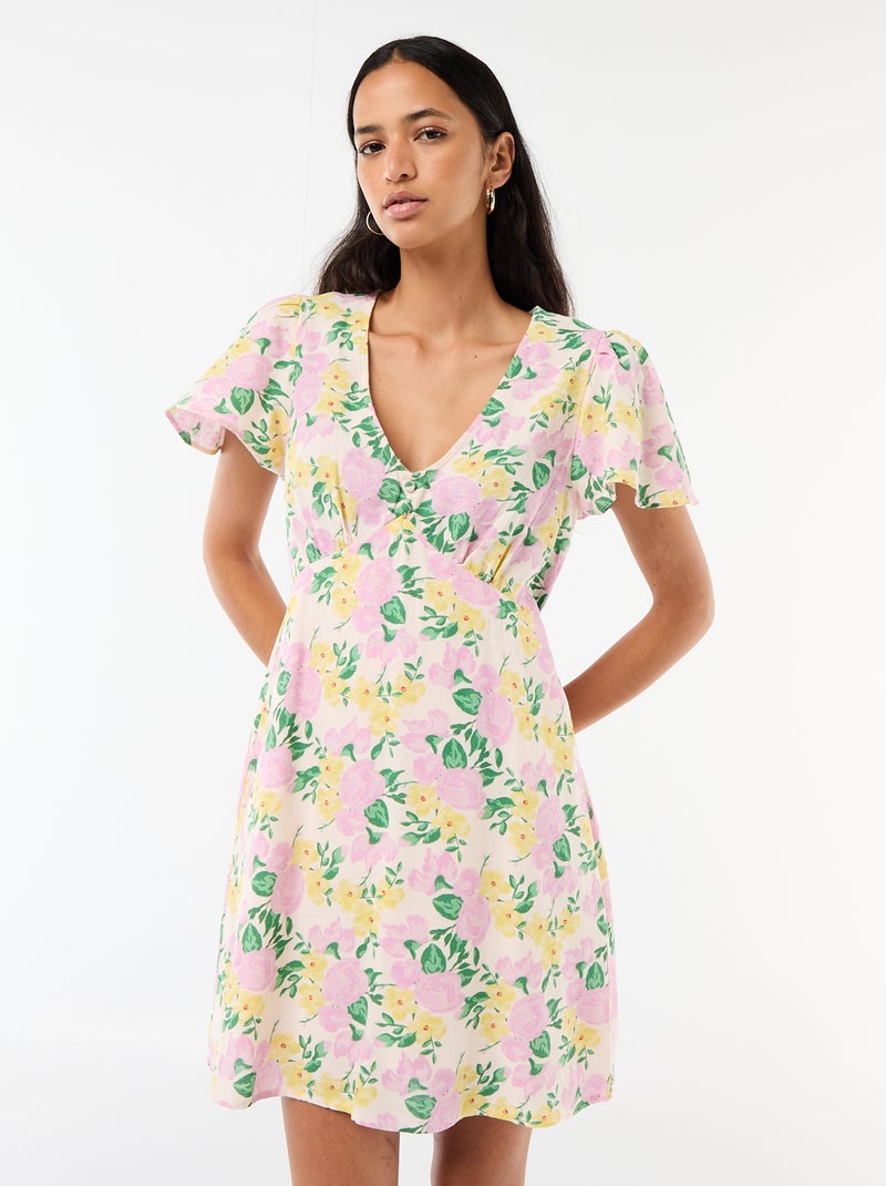 Robe courte manches papillons en coton et lin Rose - Kiabi