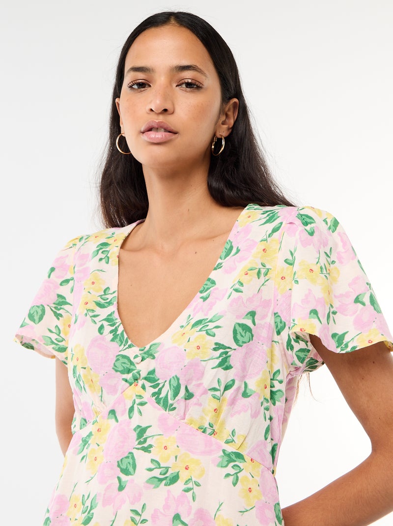 Robe courte manches papillons en coton et lin Rose - Kiabi