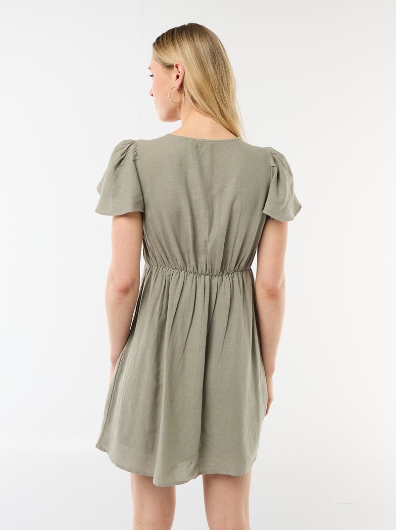 Robe courte manches papillons en coton et lin Vert - Kiabi