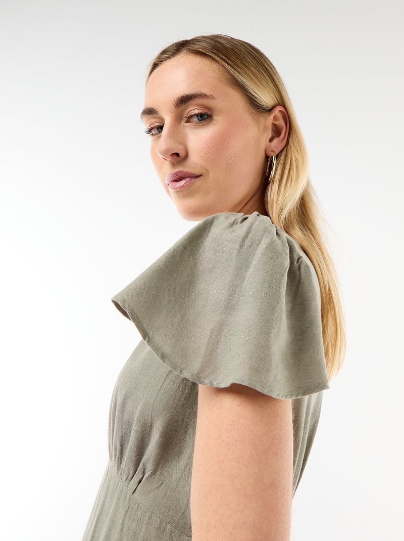 Robe courte manches papillons en coton et lin Vert - Kiabi