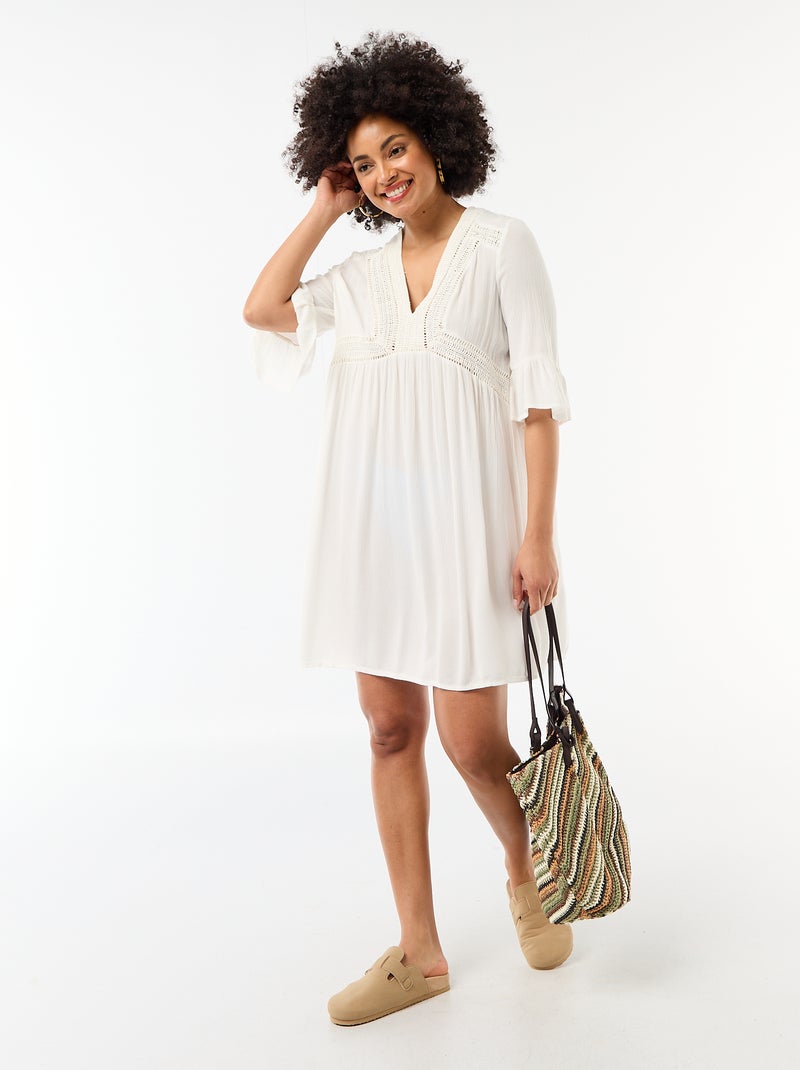 Robe de plage en maille crêpe et macramé Blanc - Kiabi