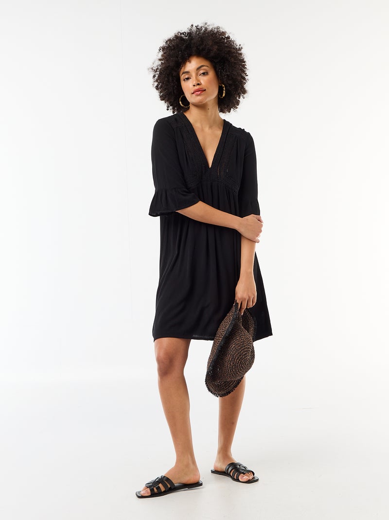 Robe de plage en maille crêpe et macramé Noir - Kiabi