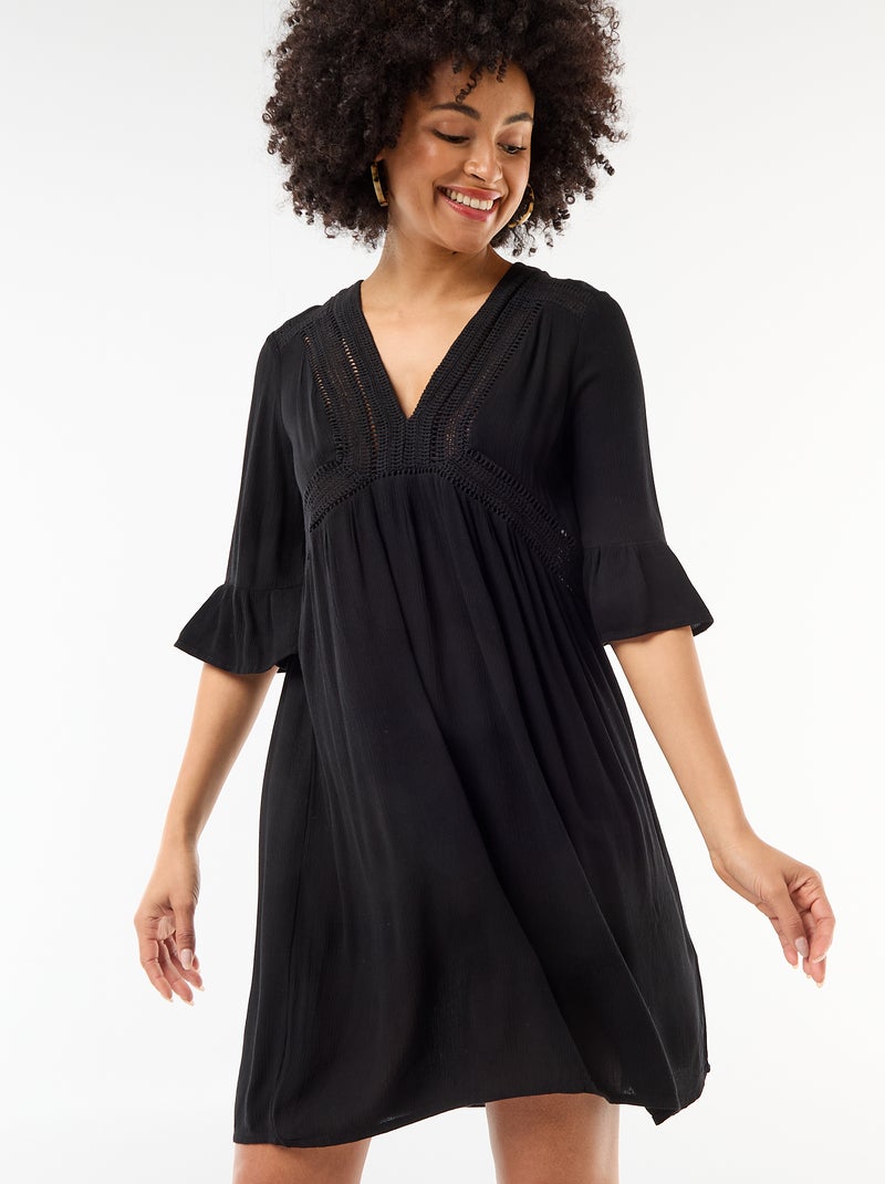 Robe de plage en maille crêpe et macramé Noir - Kiabi
