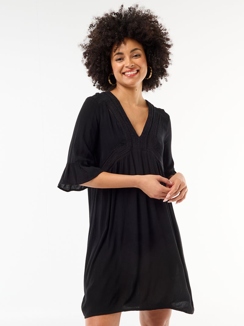 Robe de plage en maille crêpe et macramé Noir - Kiabi