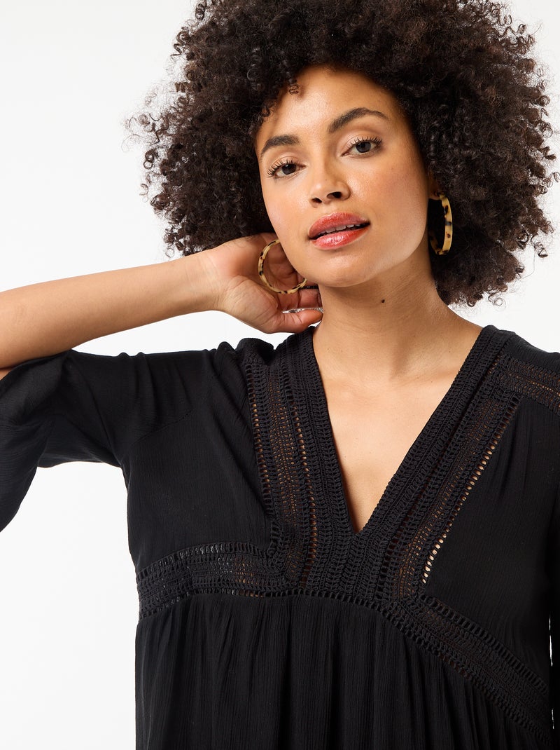 Robe de plage en maille crêpe et macramé Noir - Kiabi