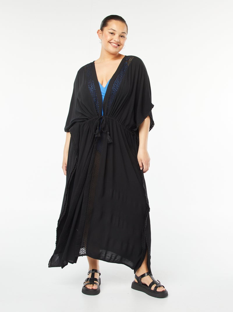 Robe de plage longue ouverte avec bords en macramé Noir - Kiabi