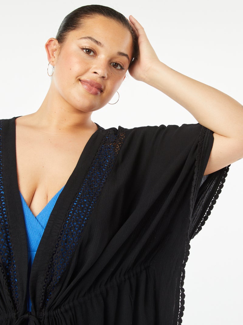 Robe de plage longue ouverte avec bords en macramé Noir - Kiabi