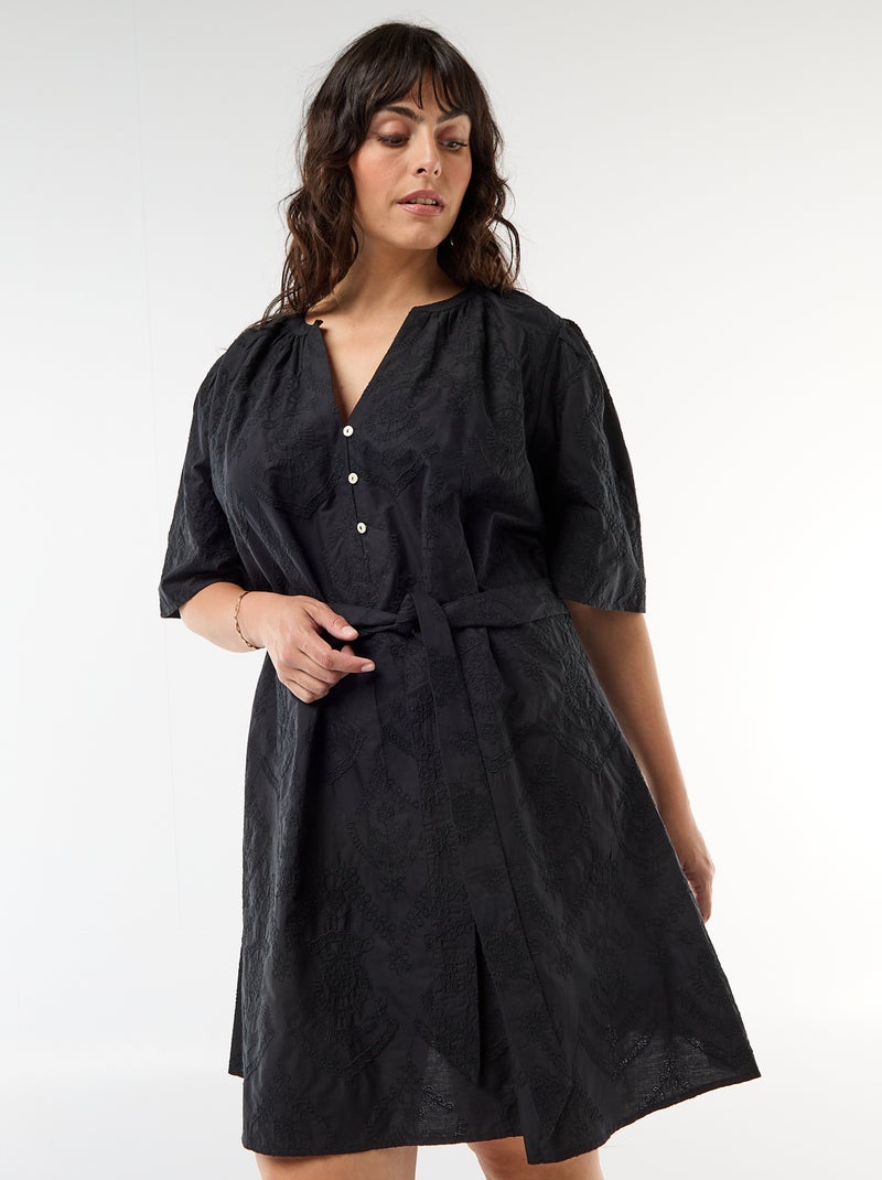 Robe en coton avec broderies anglaises Noir - Kiabi