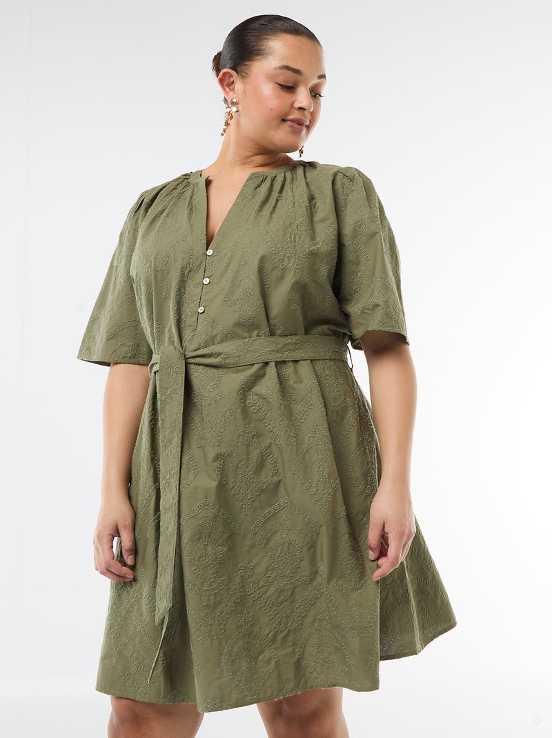 Robe en coton avec broderies anglaises Vert - Kiabi