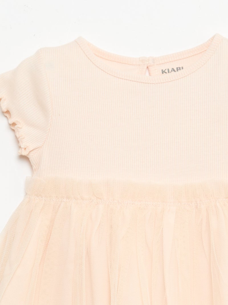 Robe en maille côtelée et tulle Rose - Kiabi