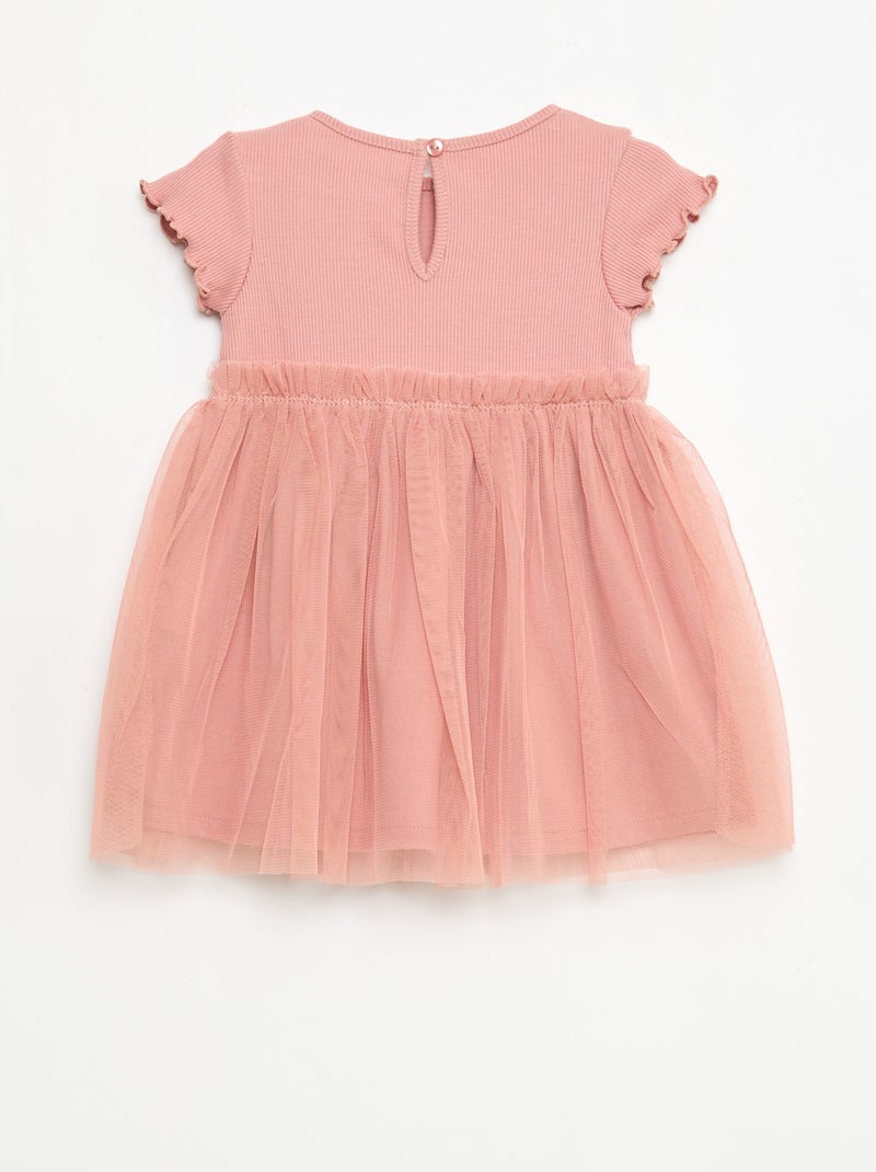 Robe en maille côtelée et tulle Rose - Kiabi
