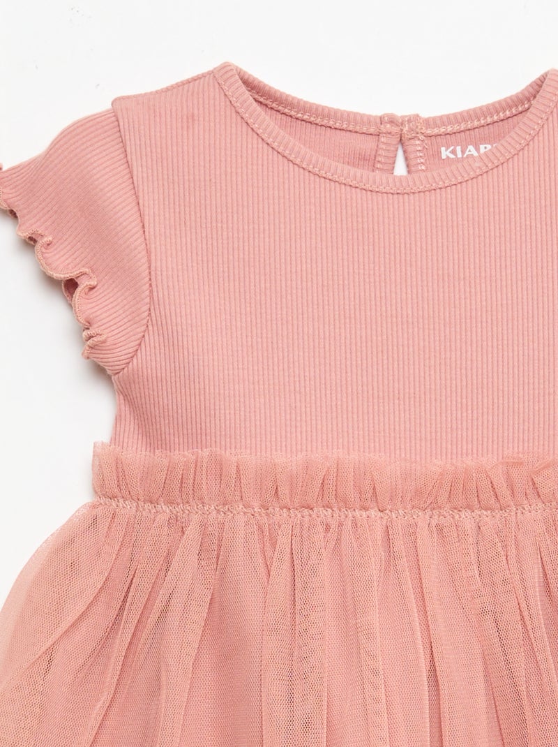 Robe en maille côtelée et tulle Rose - Kiabi