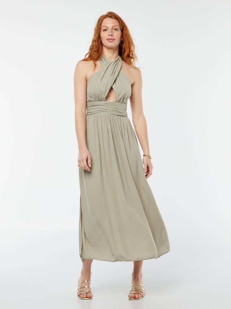 Robe longue fluide avec large décolleté Kaki - Kiabi