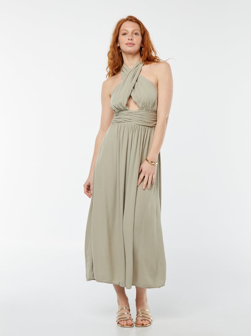 Robe longue fluide avec large décolleté Kaki - Kiabi